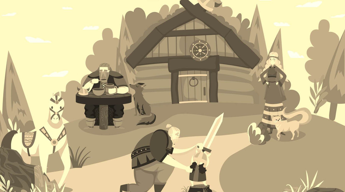 Drawing of Viking home with a family playing in the yard