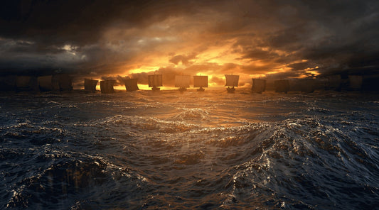 Viking ships sailing across the sea at sunset