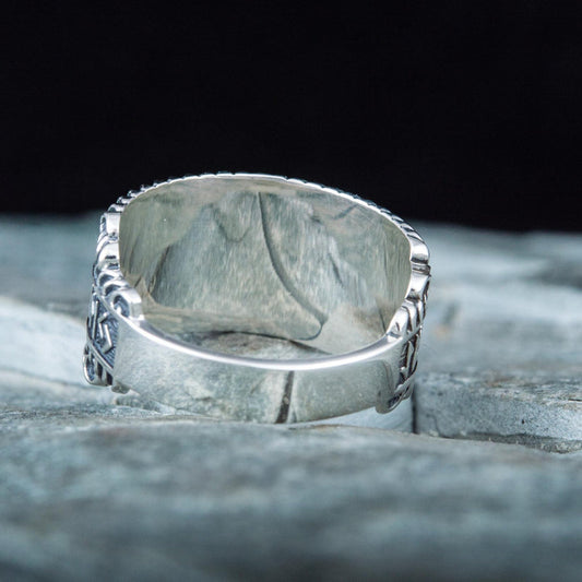 sterling silver chainmail ring with runes – view 2