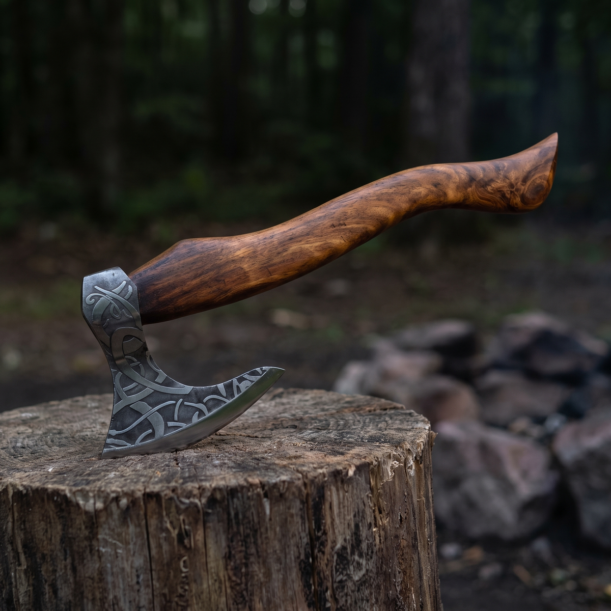 Etched bearded Viking-style axe resting on a tree stump beside a stone fire ring at a forest camp