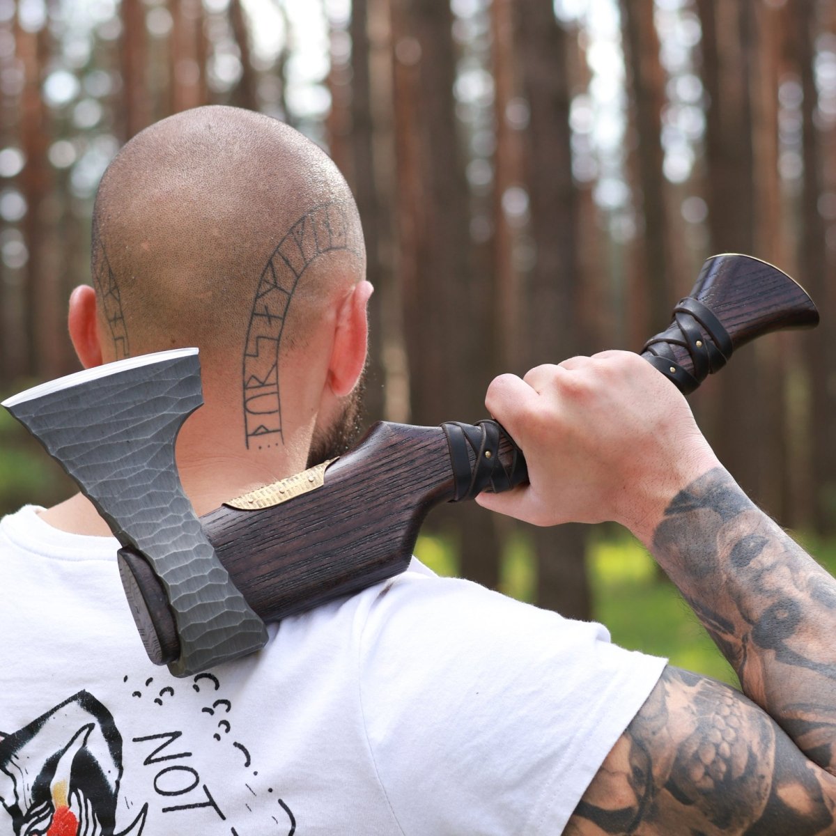 Handmade Viking Axe "Veles" With Leather Wrap On The Handle And Wooden Box