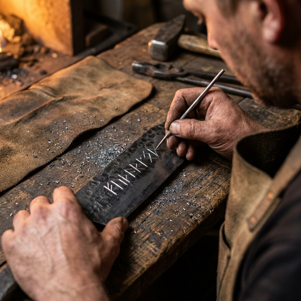 Bladesmith hand-etching Elder Futhark runes into the flat of a hand-forged carbon steel blade — personal engraving add-on