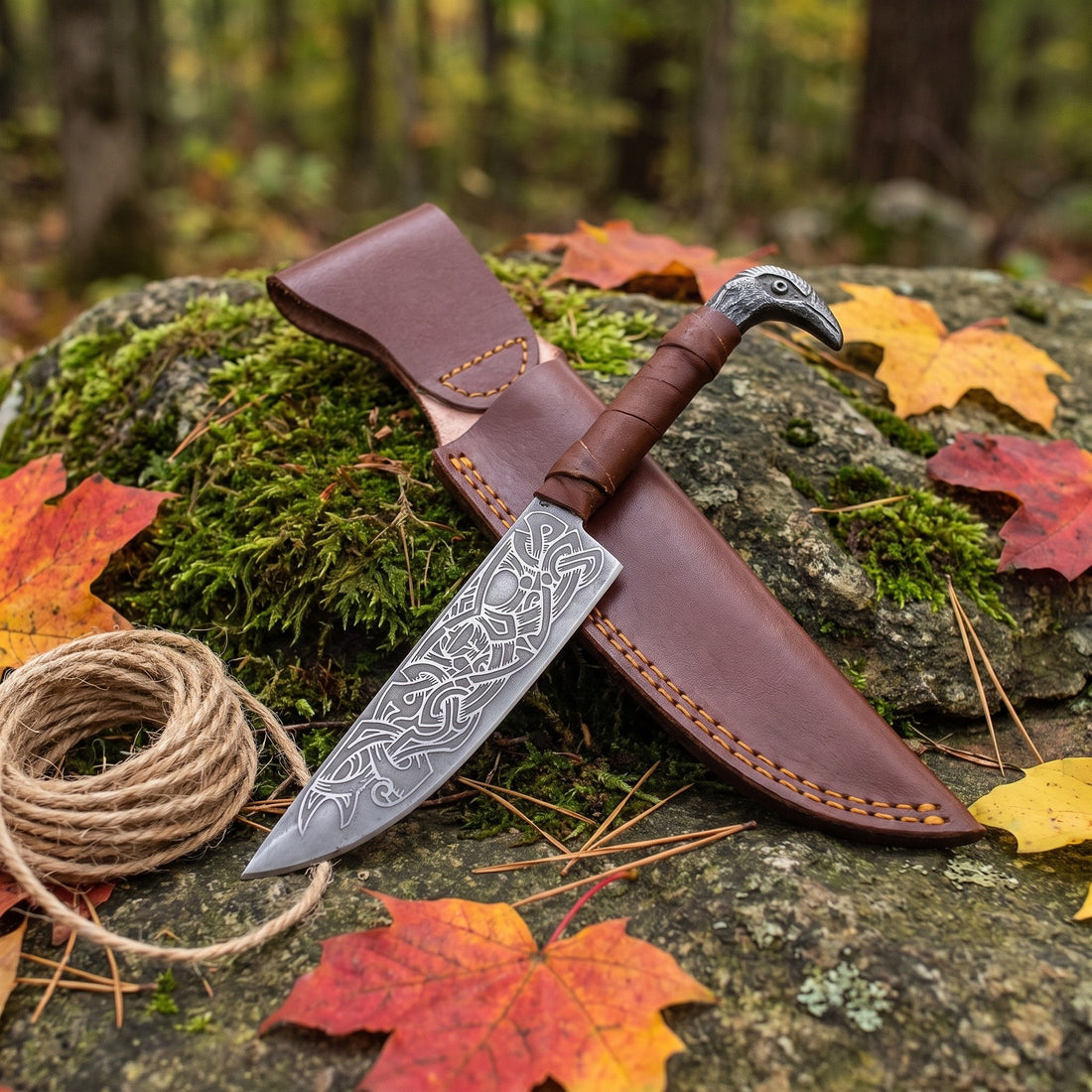 Raven-Hilt Viking seax knife with raven-etched carbon steel blade and cast raven's-head pommel resting on a mossy rock beside its leather sheath among autumn leaves