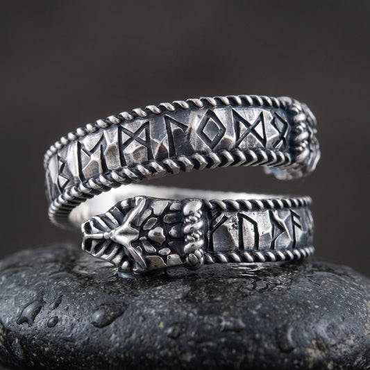 Handmade 925 silver spiral Viking ring with runes and beaded rope rails