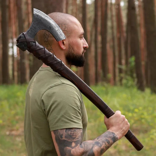 🪓 Viking Long Axe “Ragnar Lodbrok” with Carved Handle and Leather Wrap | VikingsBrand