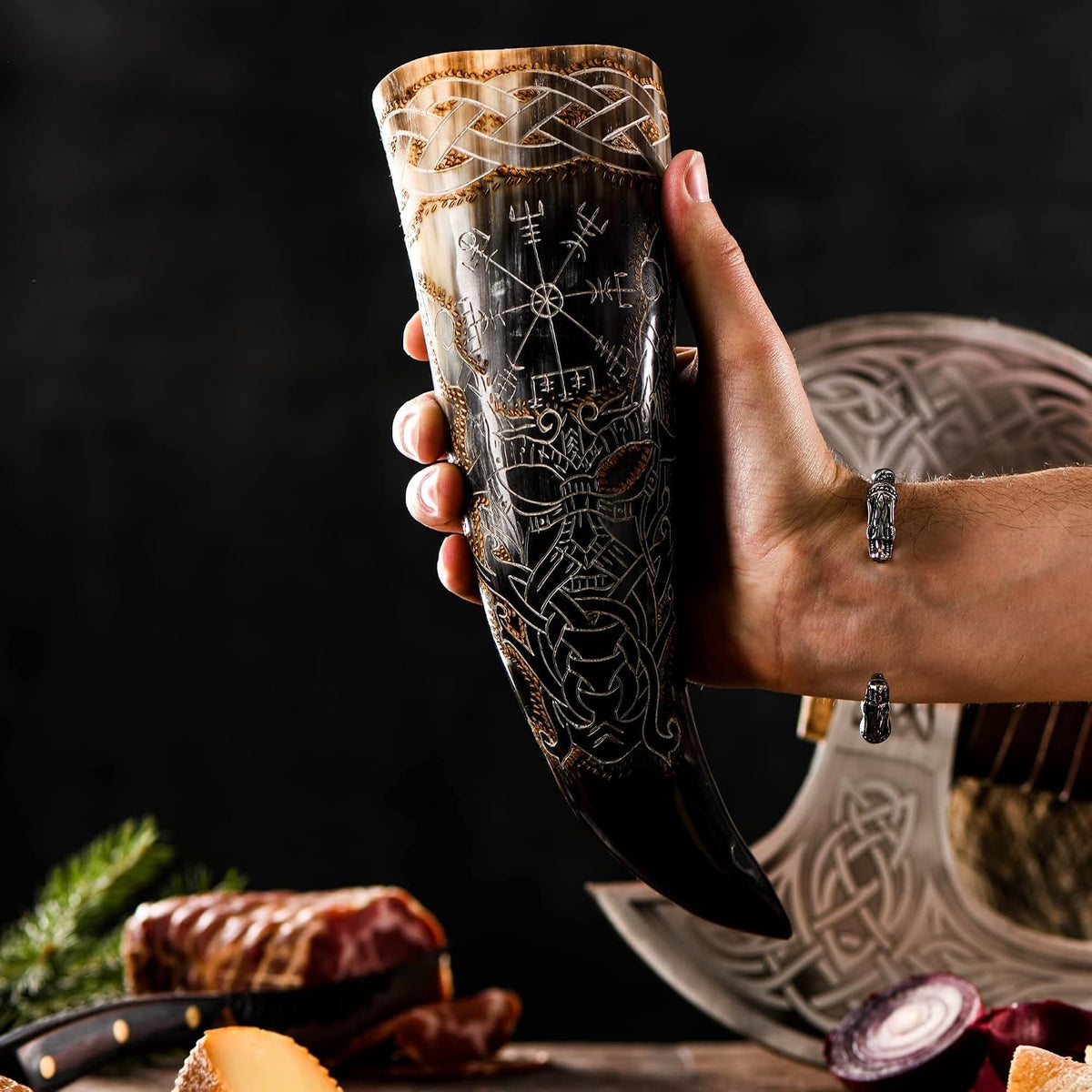 Odin and Vegvisir Viking drinking horn with stand, 14 inch – view 5