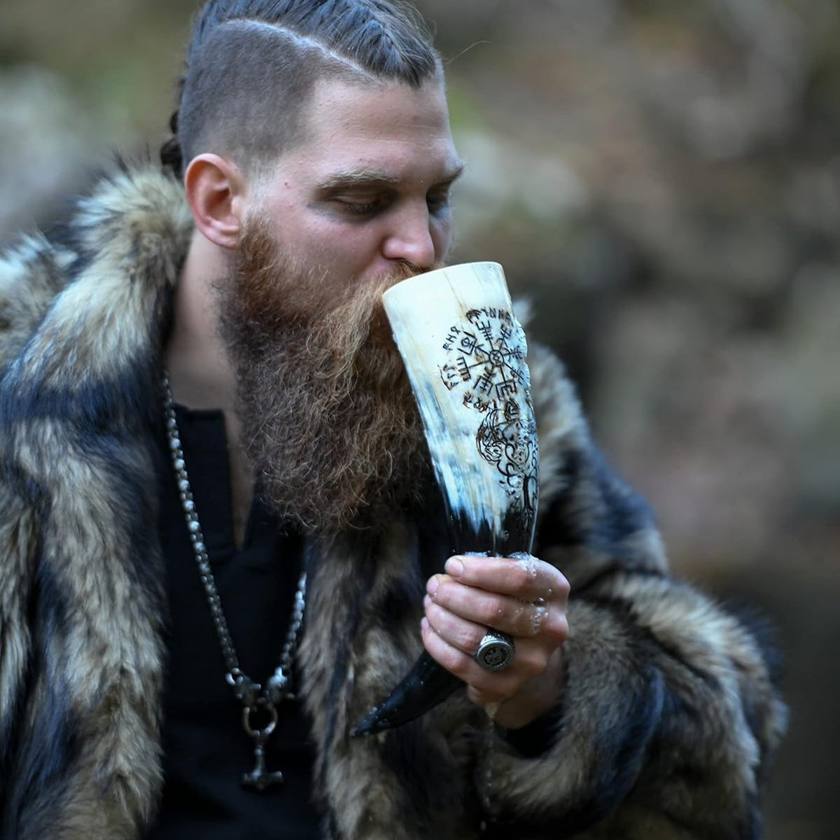 Vegvisir and Yggdrasil Viking drinking horn with stand, 19 inch – view 5
