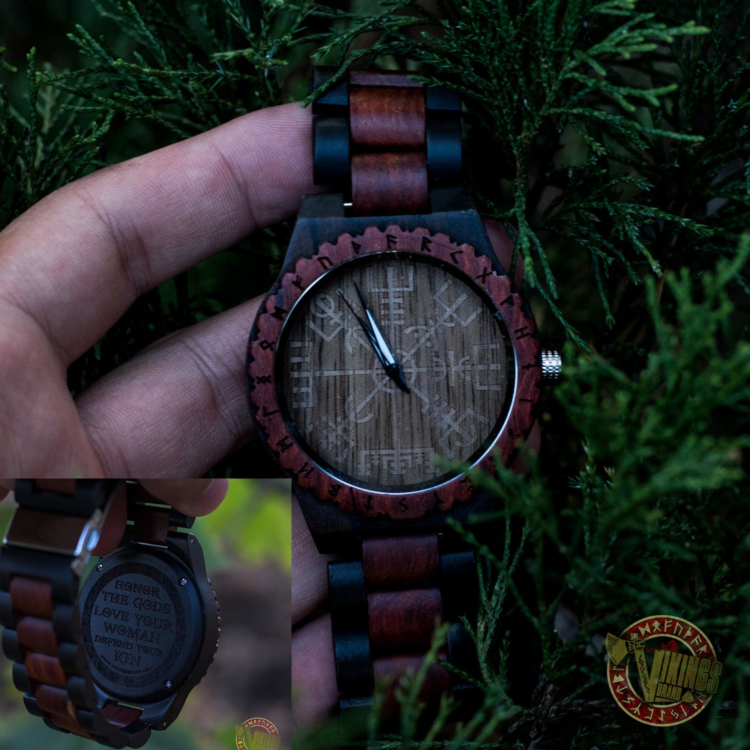 CUSTOMIZE YOUR OWN WATCH -  Viking Wooden Watches with Vegvisir Viking Symbol & Engraved Saying On The Back - VikingsBrand