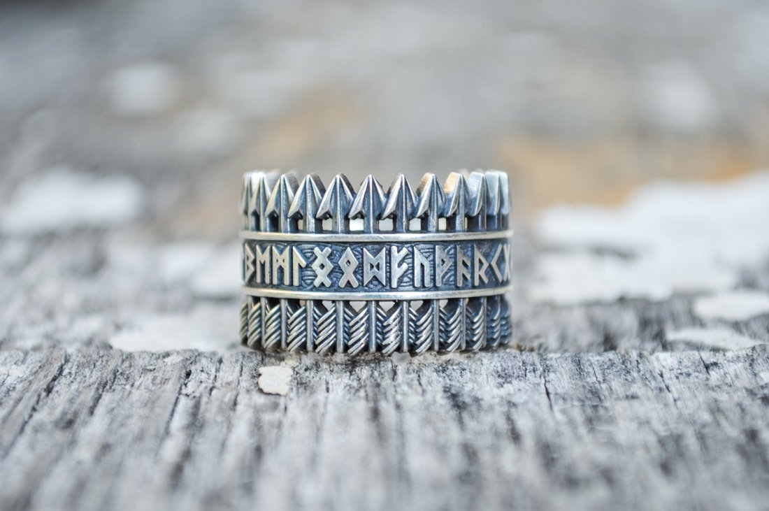 Arrows Viking Ring with Elder Futhark Runes Sterling Silver Viking Jewelry
