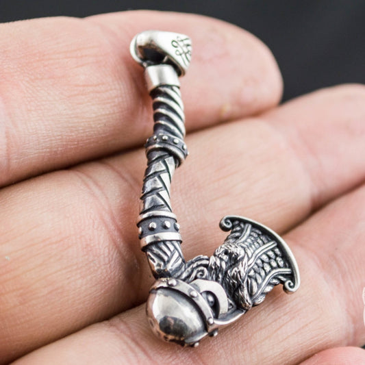 Sculpted Viking axe pendant with a wrapped haft in 925 silver – view 2