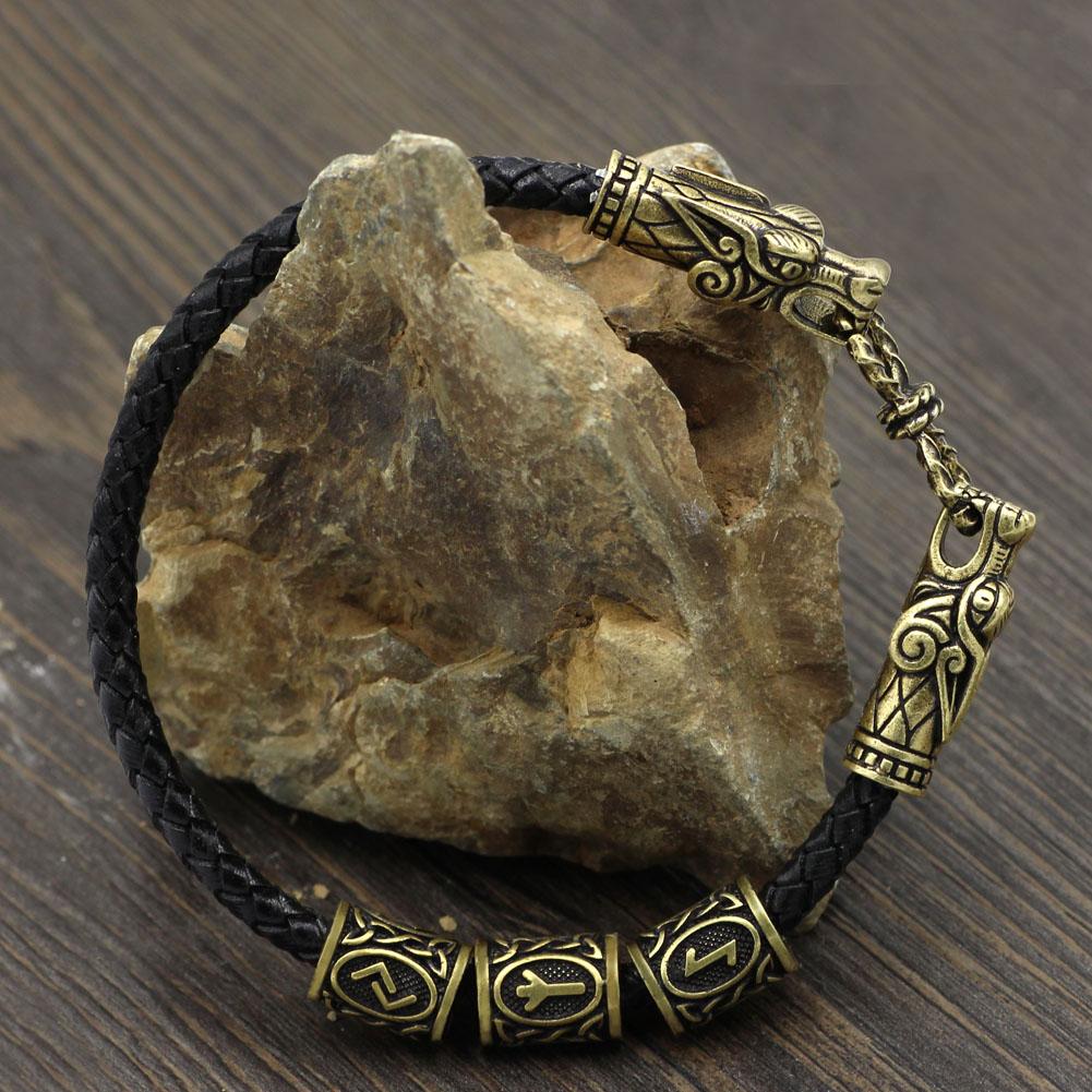 Bracelet with Wolf Head and Elder Futhark Runes - VikingsBrand