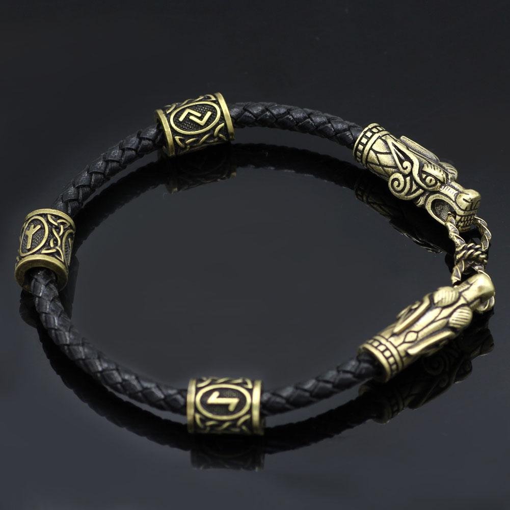 Bracelet with Wolf Head and Elder Futhark Runes - VikingsBrand