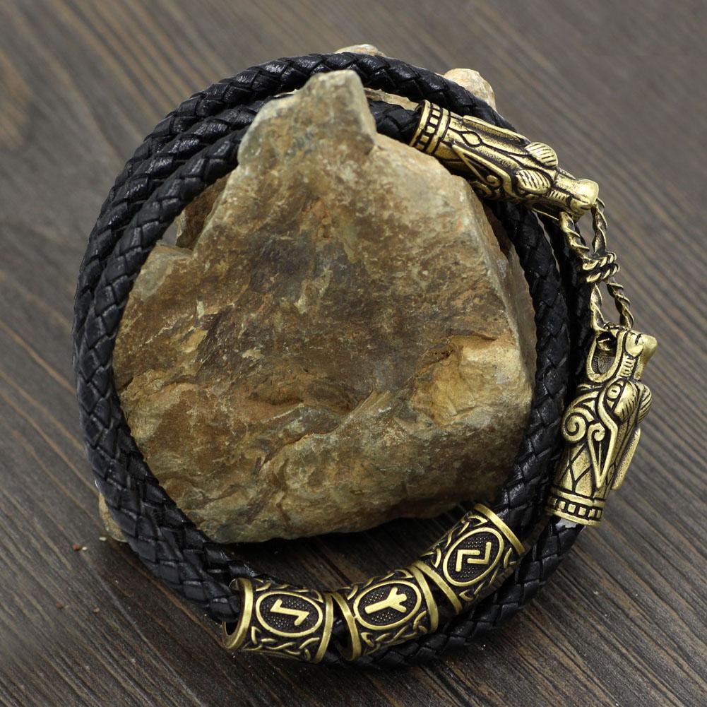 Bracelet with Wolf Head and Elder Futhark Runes - VikingsBrand