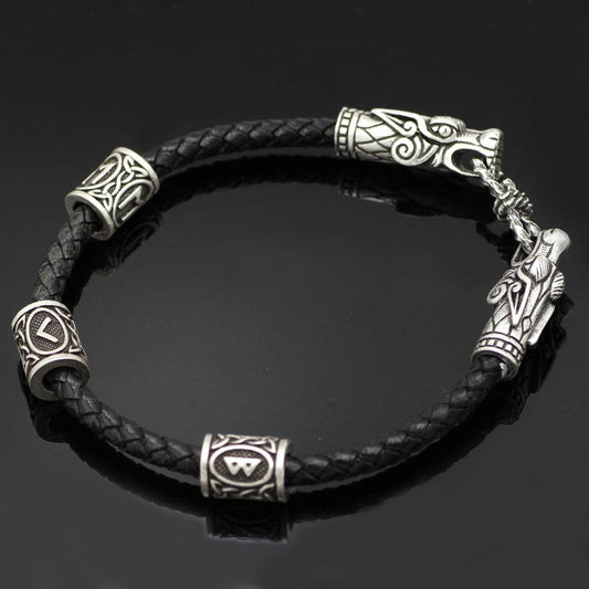 Bracelet with Wolf Head and Elder Futhark Runes - VikingsBrand