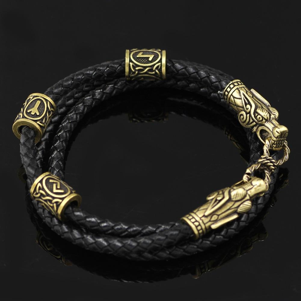 Bracelet with Wolf Head and Elder Futhark Runes - VikingsBrand