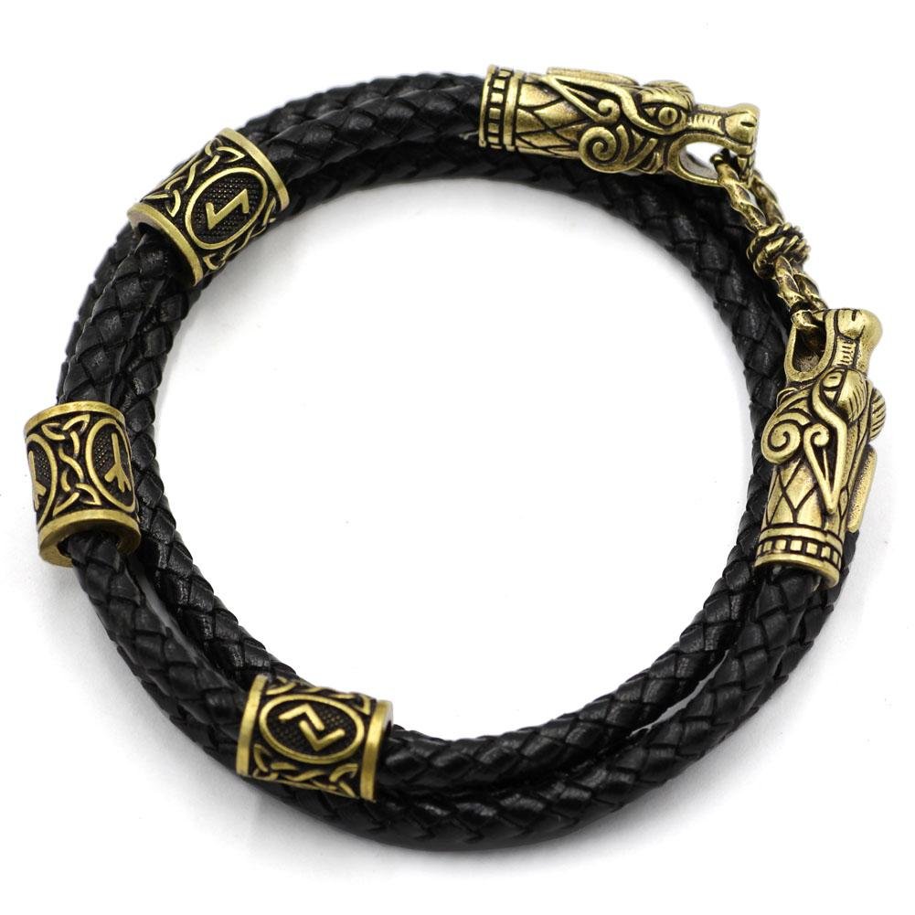 Bracelet with Wolf Head and Elder Futhark Runes - VikingsBrand