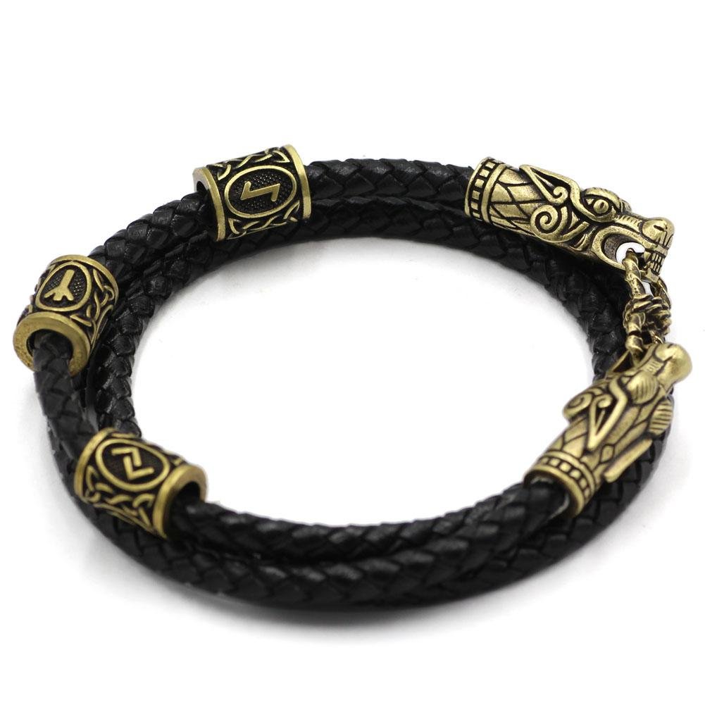 Bracelet with Wolf Head and Elder Futhark Runes - VikingsBrand