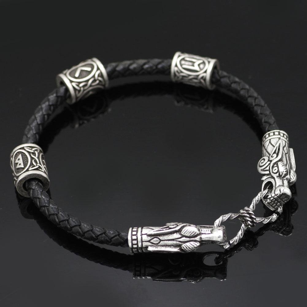 Bracelet with Wolf Head and Elder Futhark Runes - VikingsBrand