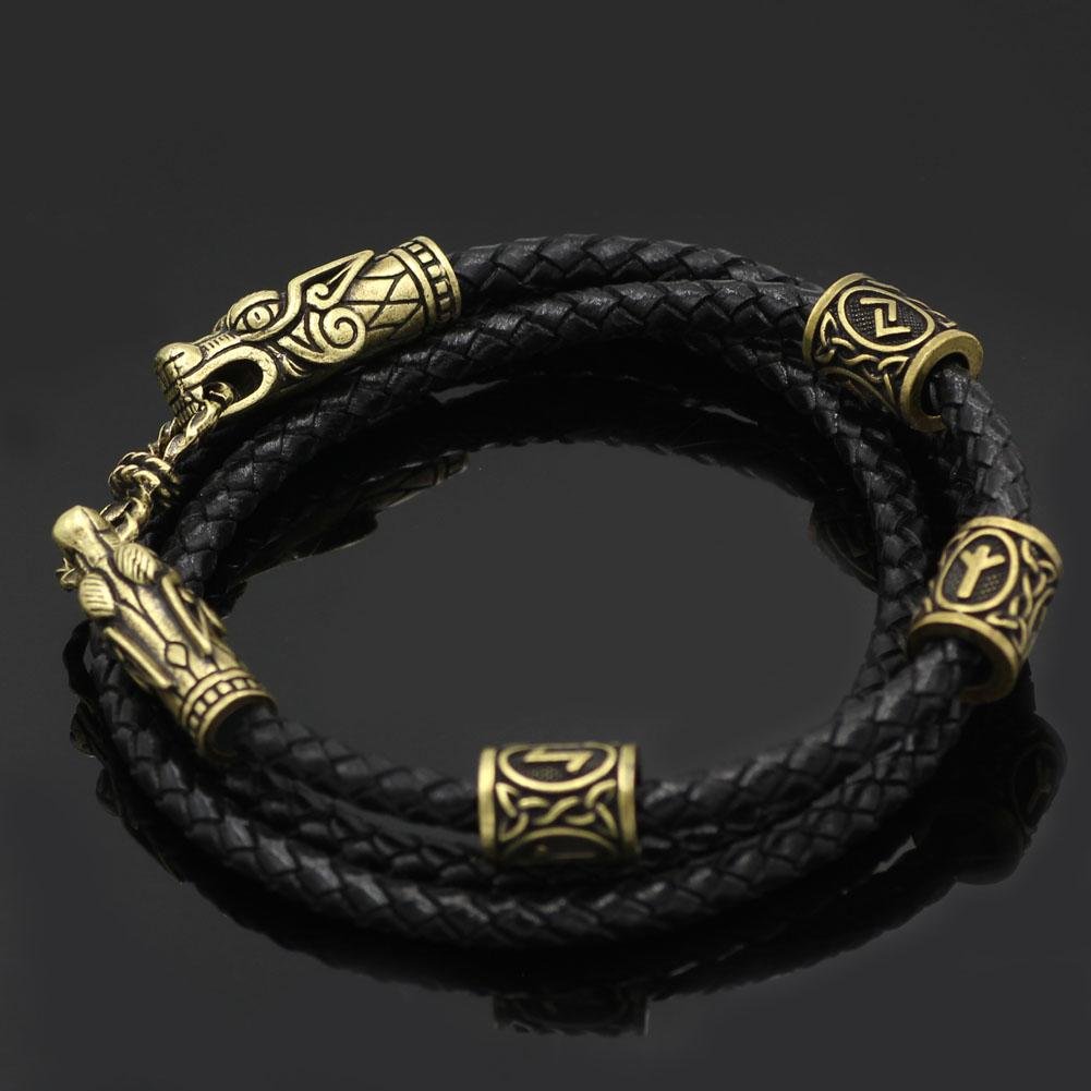 Bracelet with Wolf Head and Elder Futhark Runes - VikingsBrand