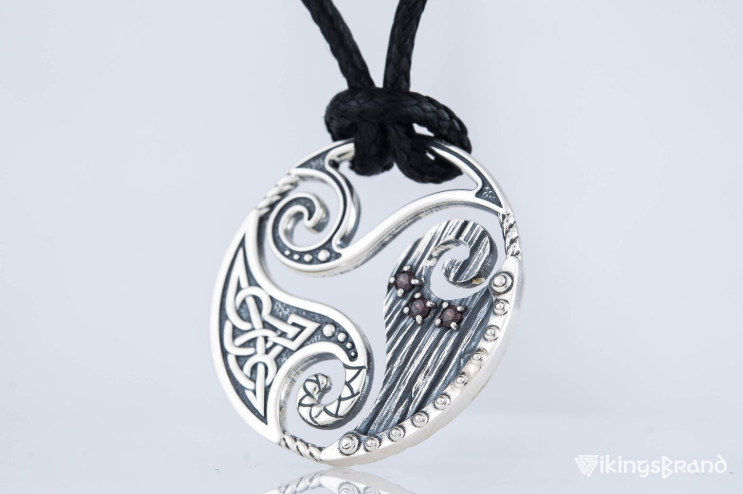 Circle Vikings Shield Pendant with Triskelion and CZ Ornament Sterling Silver Norse Jewelry