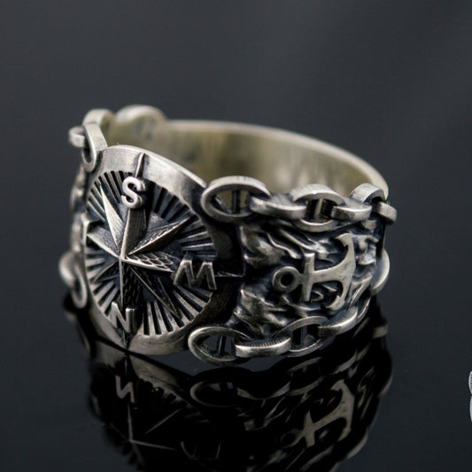 Compass Symbol with Anchor 925 Sterling Silver Viking Ring - VikingsBrand