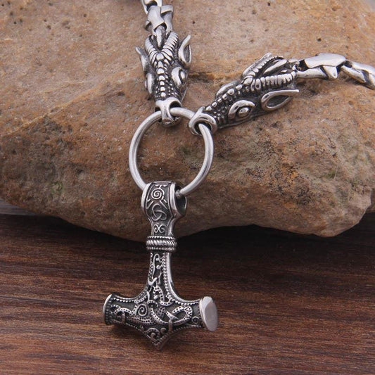 Dragon head Viking necklace with Mjolnir – view 2