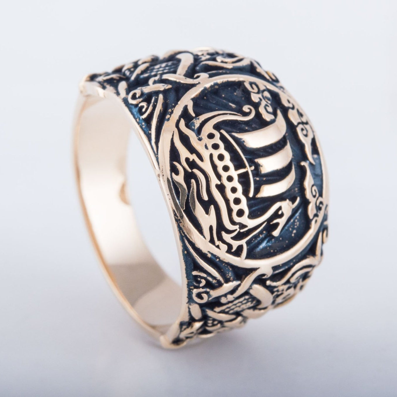 Drakkar Symbol Ring with Mammen Ornament Bronze Viking Jewelry