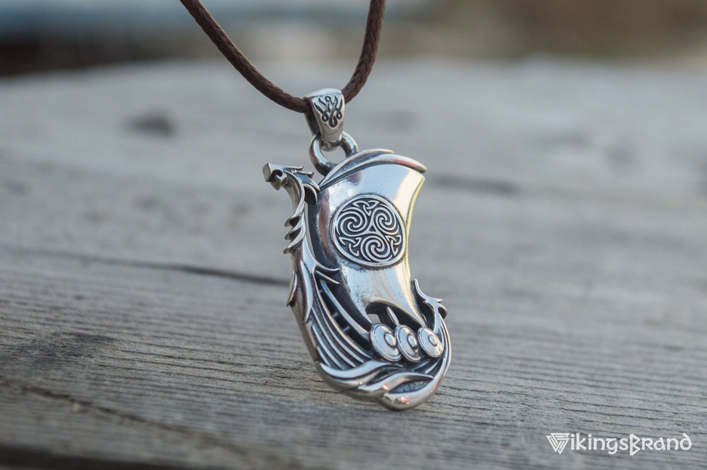 Drakkar Vikings Pendant with Norse Ornament Sterling Silver Handmade Jewelry
