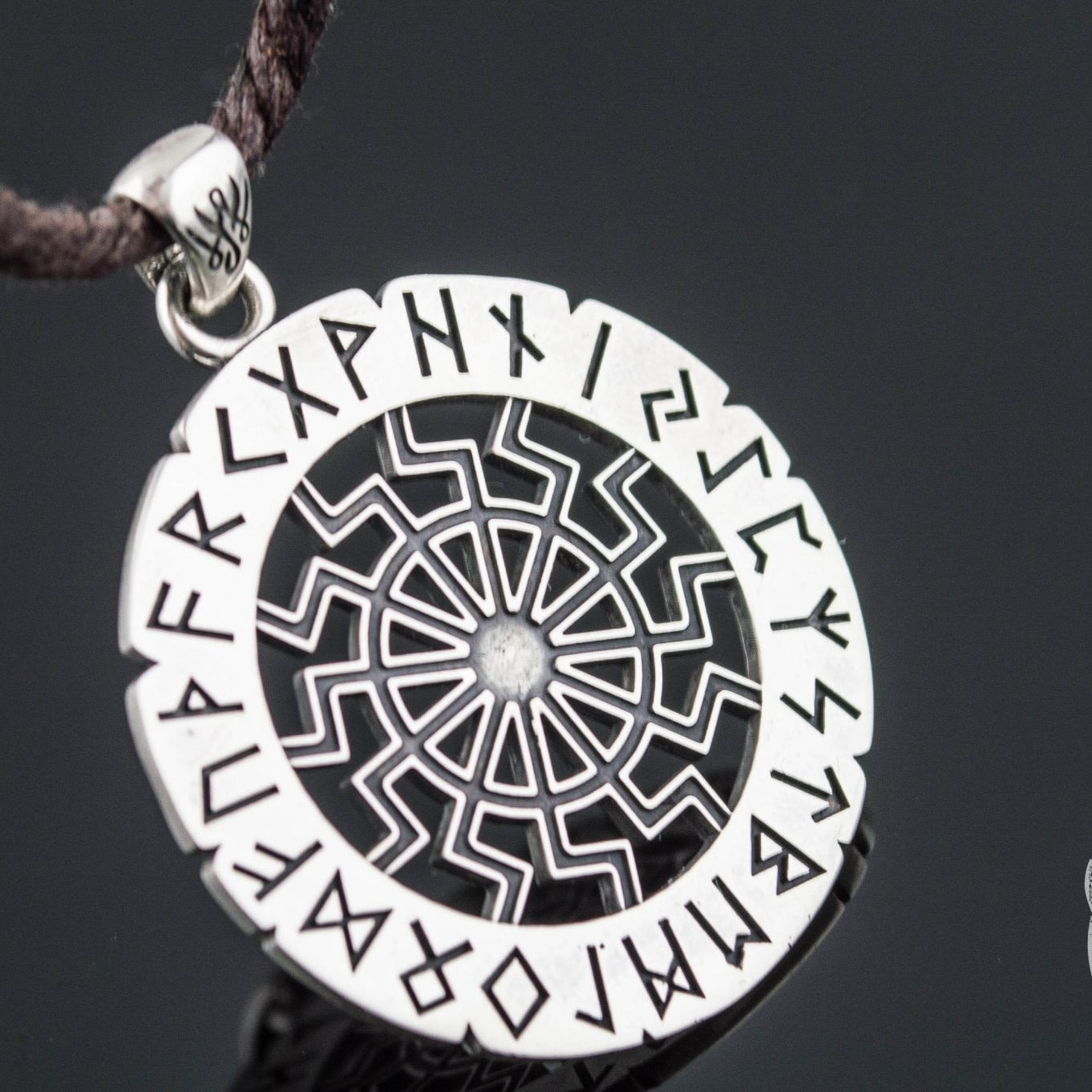 Elder Futhark Runes and Black Sun Symbol 925 Sterling Silver Pendant - VikingsBrand