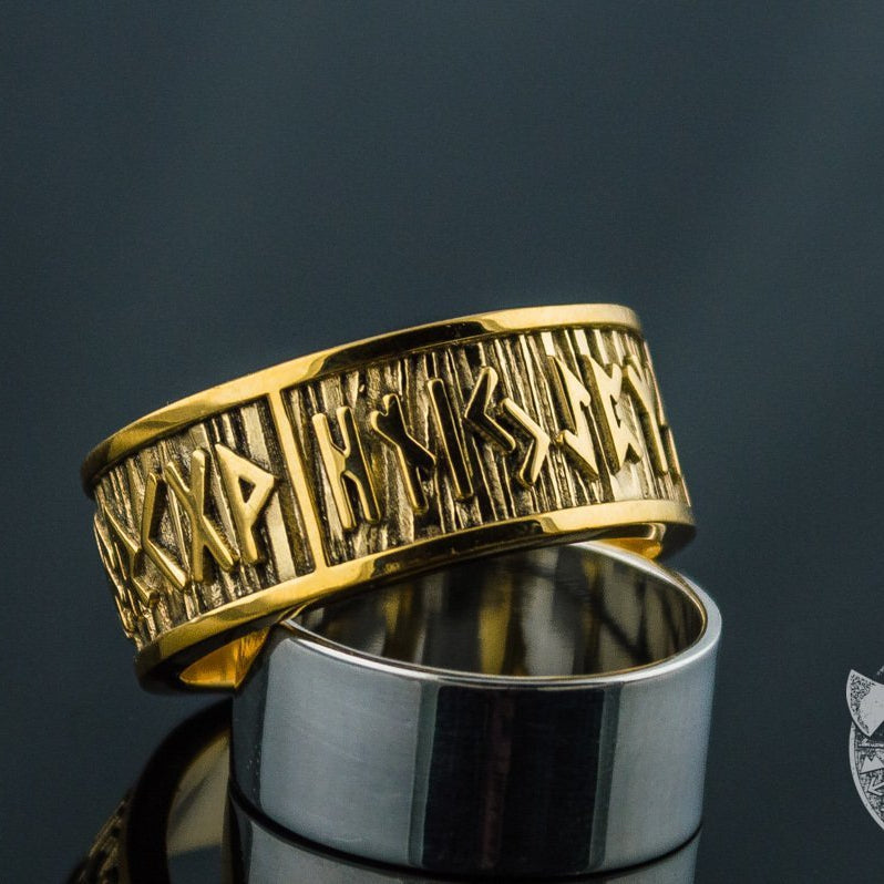 Elder Futhark Runes with Wide Rim 14K Gold Viking Ring - VikingsBrand