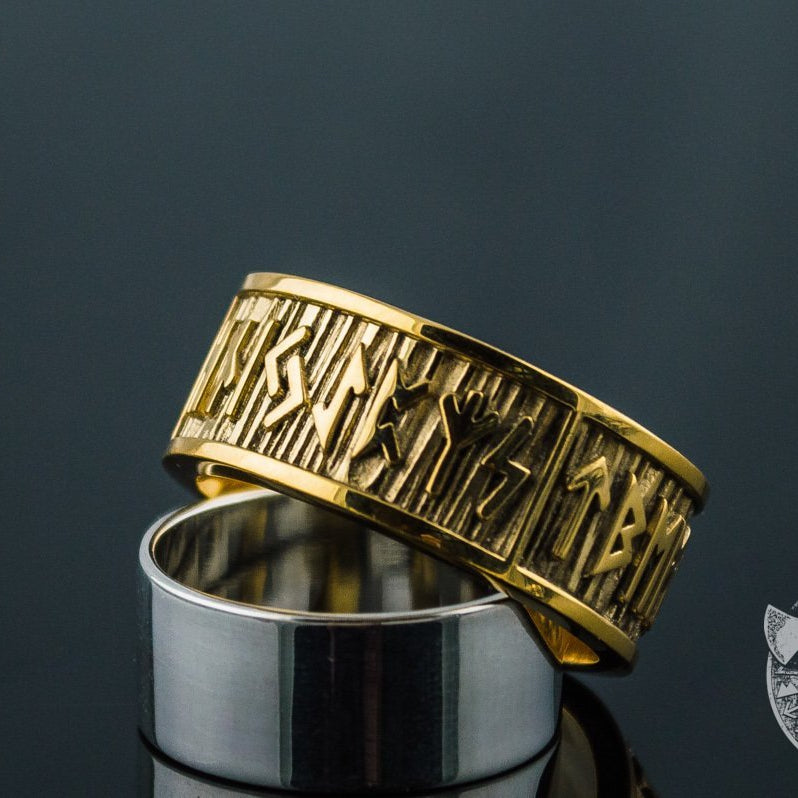 Elder Futhark Runes with Wide Rim 14K Gold Viking Ring - VikingsBrand