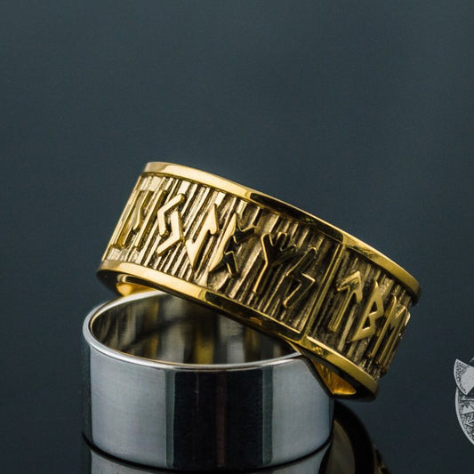 Elder Futhark Runes with Wide Rim 14K Gold Viking Ring - VikingsBrand