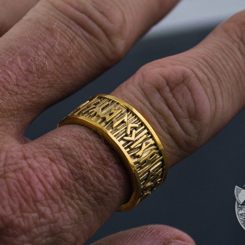 Elder Futhark Runes with Wide Rim 14K Gold Viking Ring - VikingsBrand