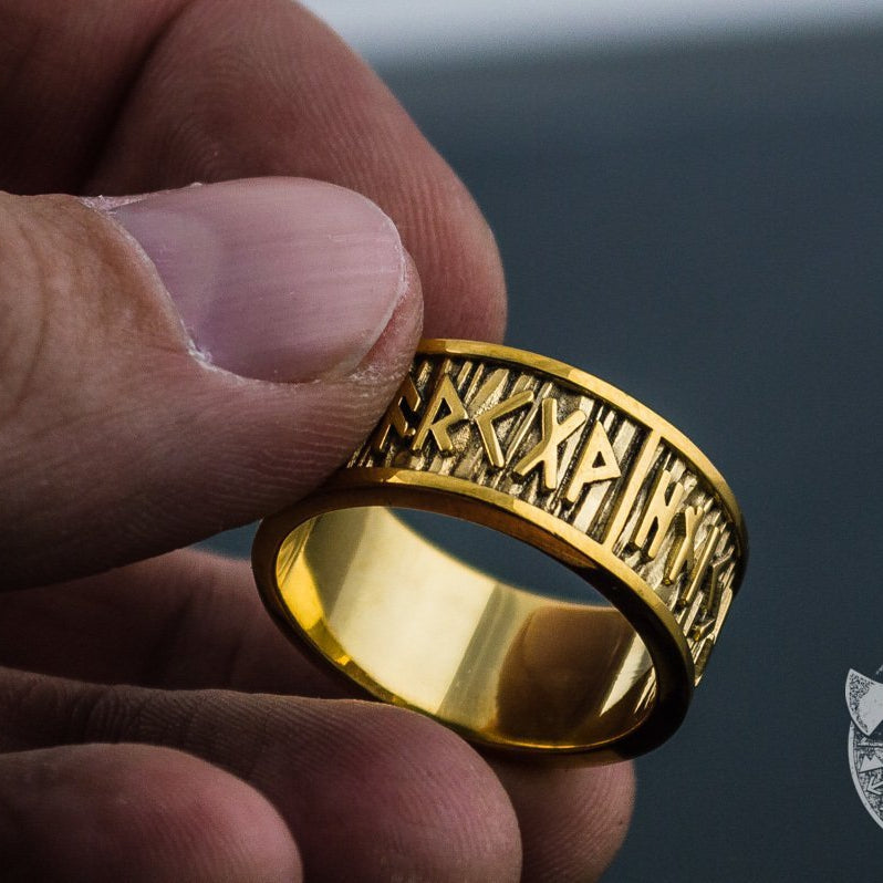 Elder Futhark Runes with Wide Rim 14K Gold Viking Ring - VikingsBrand