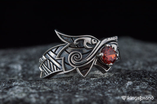 Fenrir wolf Viking ring with red stone in 925 silver – view 2