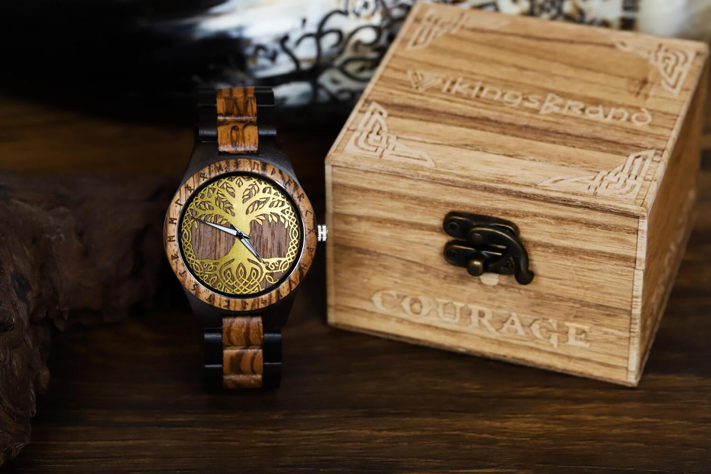 Gorm Viking Wooden Watch with Carved Yggdrasil Viking Symbol & Custom Engravings
