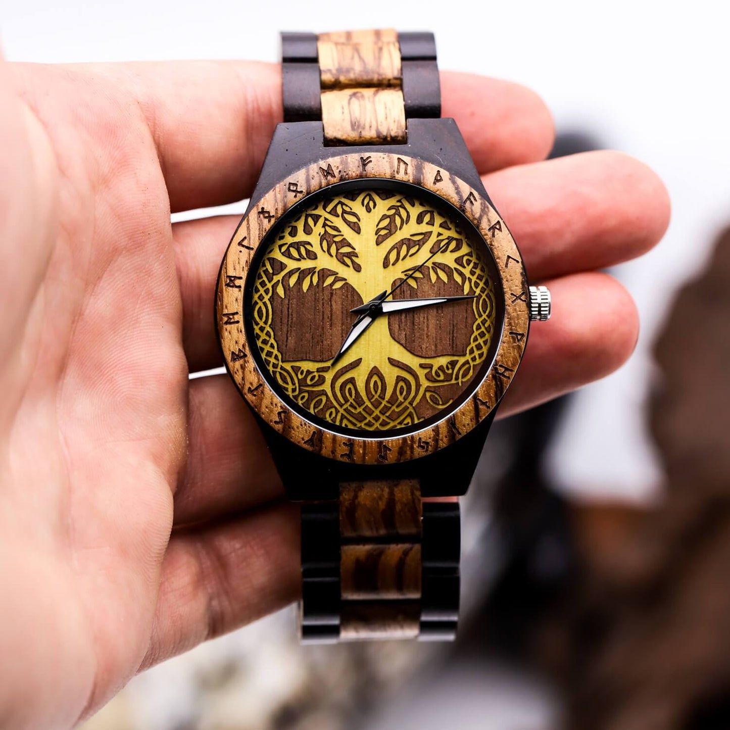Gorm Viking Wooden Watch with Carved Yggdrasil Viking Symbol & Custom Engravings
