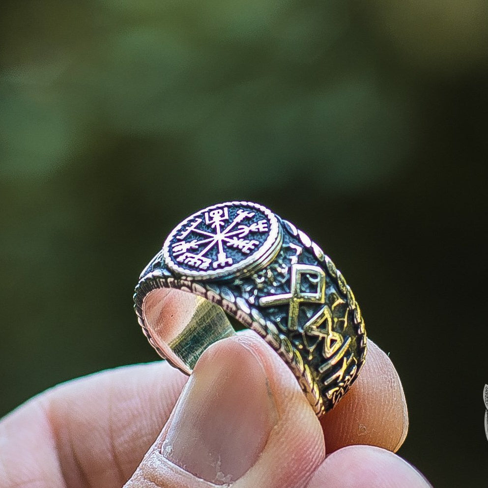 Hail Odin Runes with Vegvisir Symbol 925 Sterling Silver Norse Ring - VikingsBrand