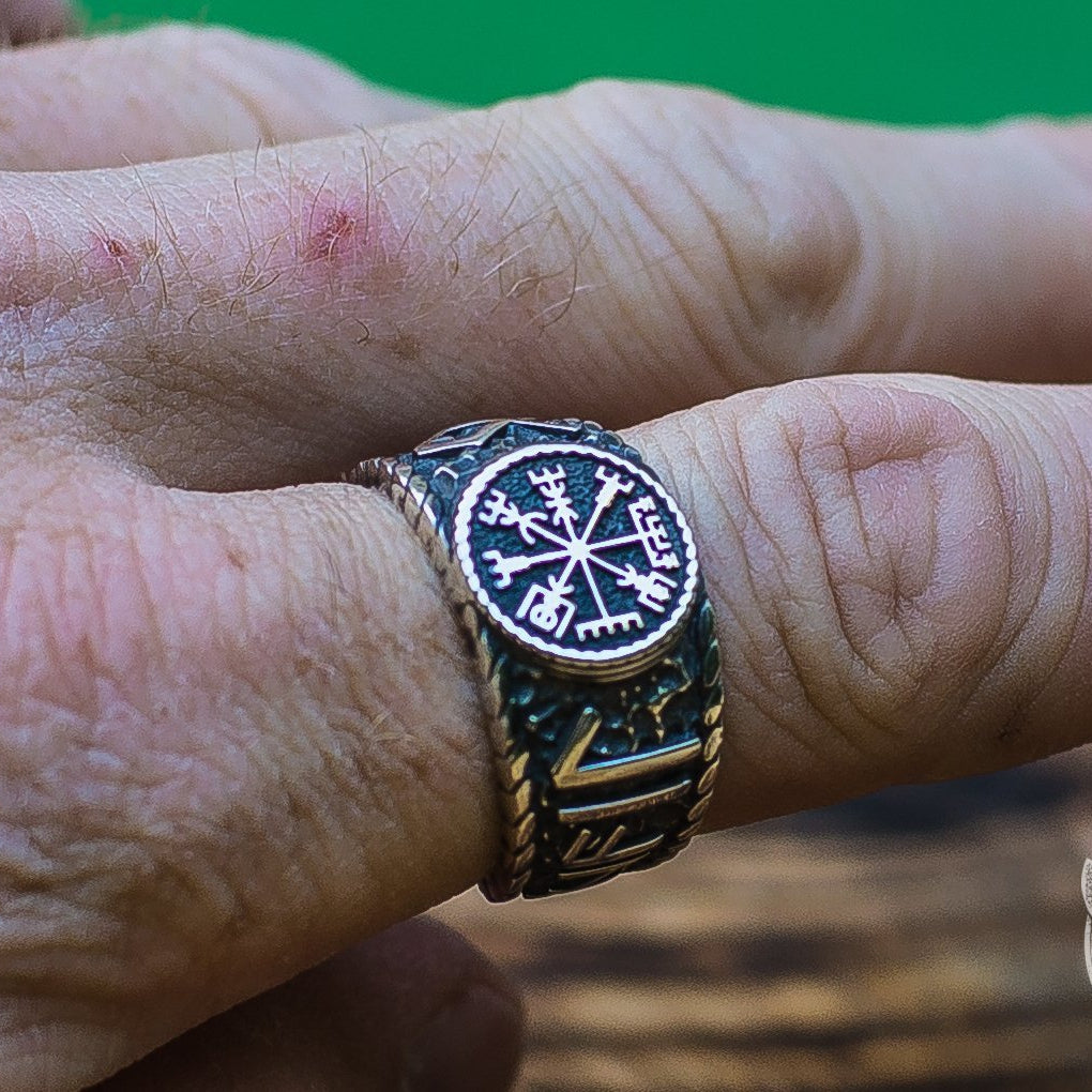 Hail Odin Runes with Vegvisir Symbol 925 Sterling Silver Norse Ring - VikingsBrand