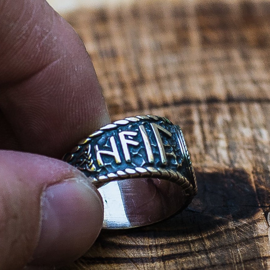 Hail Odin Runes with Vegvisir Symbol 925 Sterling Silver Norse Ring - VikingsBrand