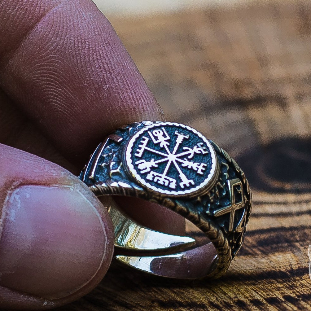 Hail Odin Runes with Vegvisir Symbol 925 Sterling Silver Norse Ring - VikingsBrand