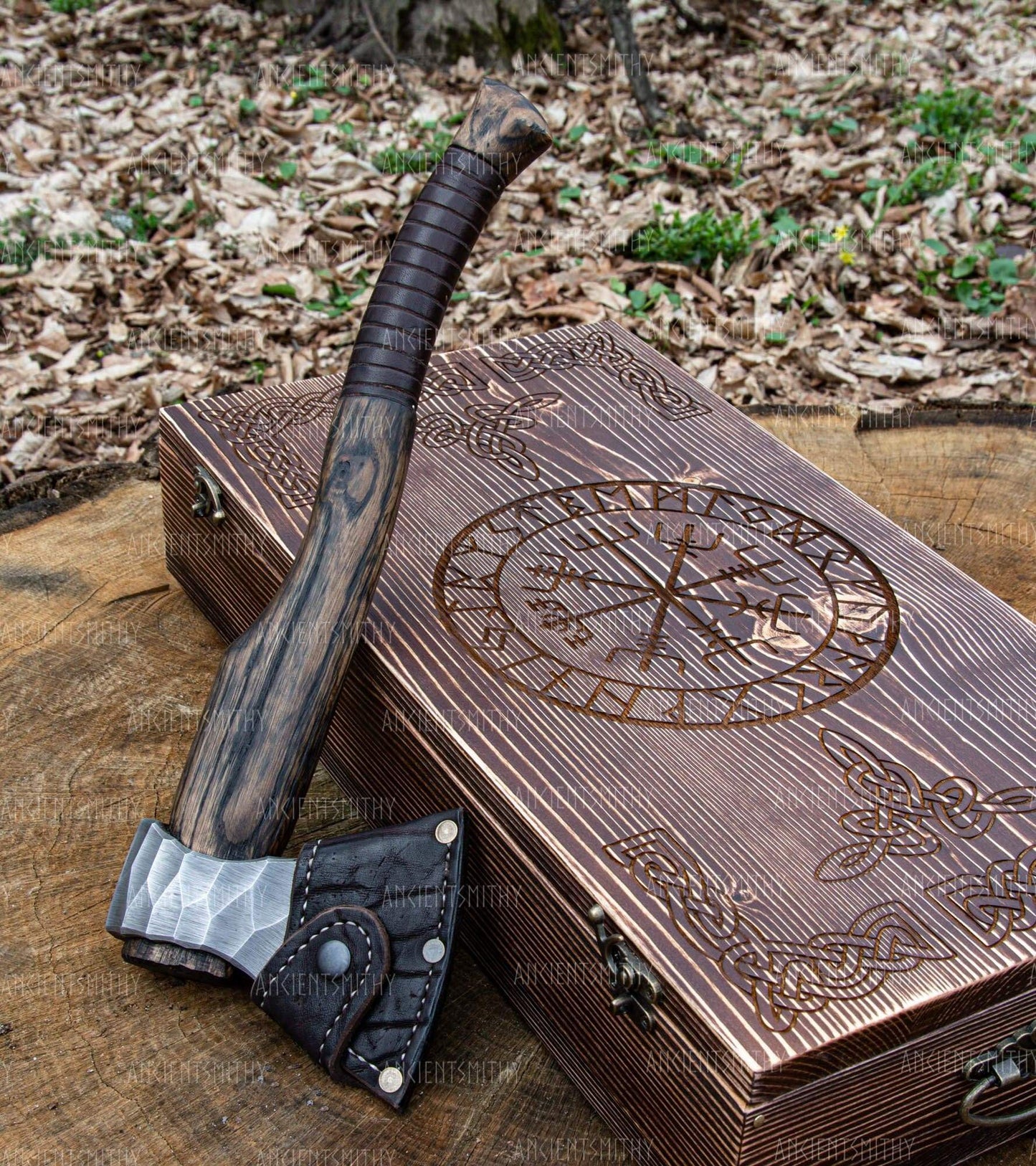 ancientsmithy axe Hand Forged Viking Axe "Vill Gustus" with leather cover