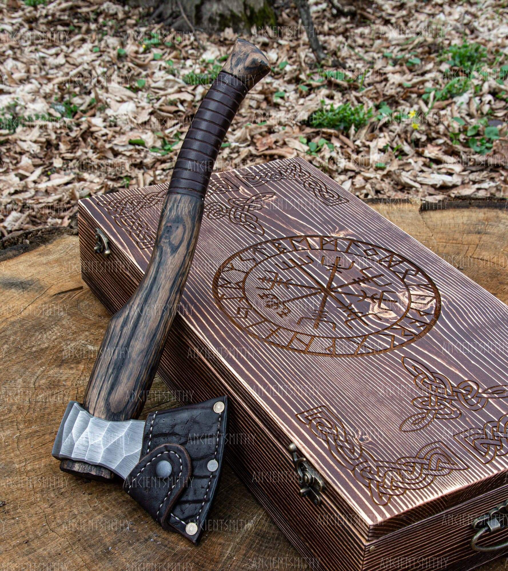 ancientsmithy axe Hand Forged Viking Axe "Vill Gustus" with leather cover