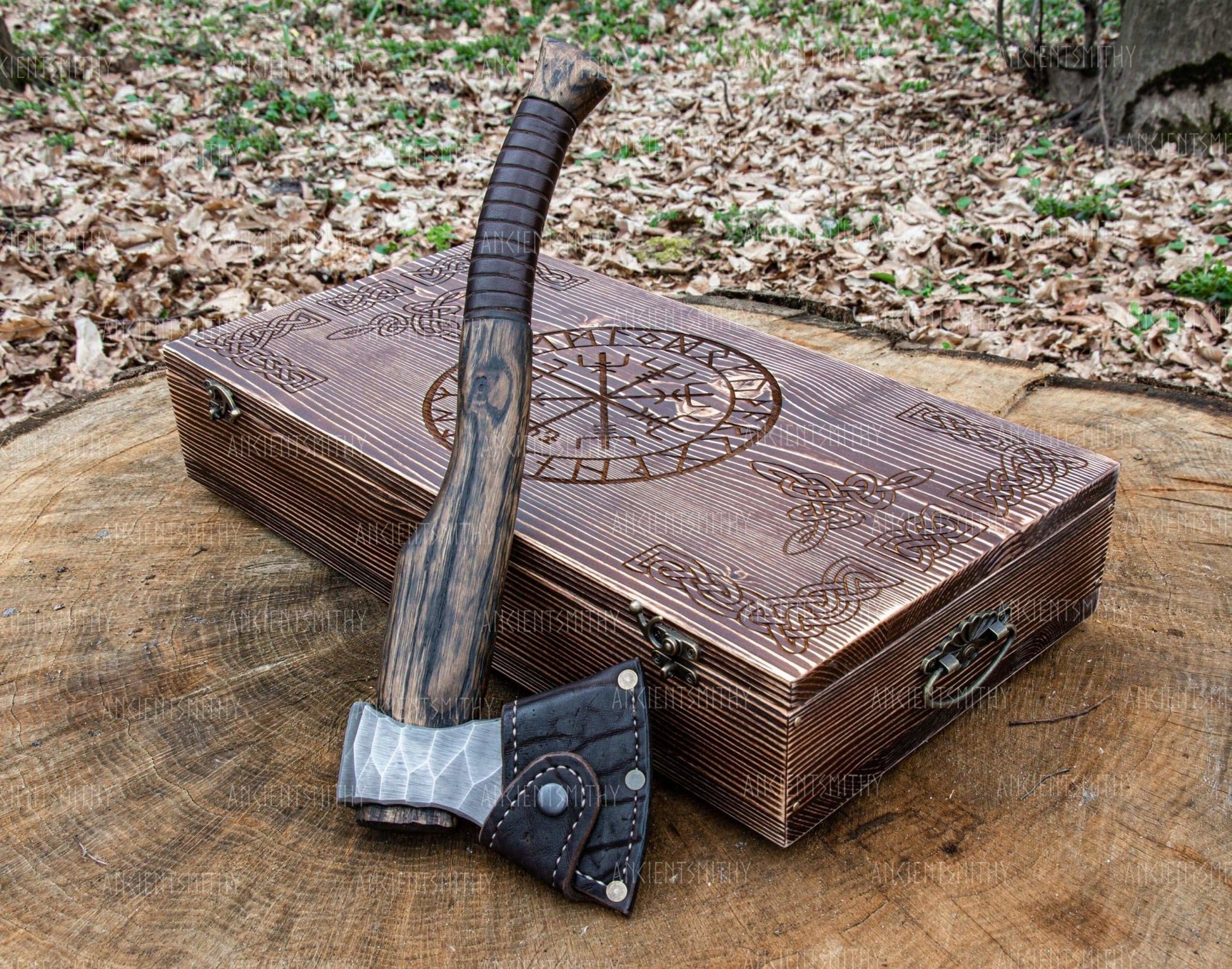 ancientsmithy axe with text / with box Hand Forged Viking Axe "Vill Gustus" with leather cover