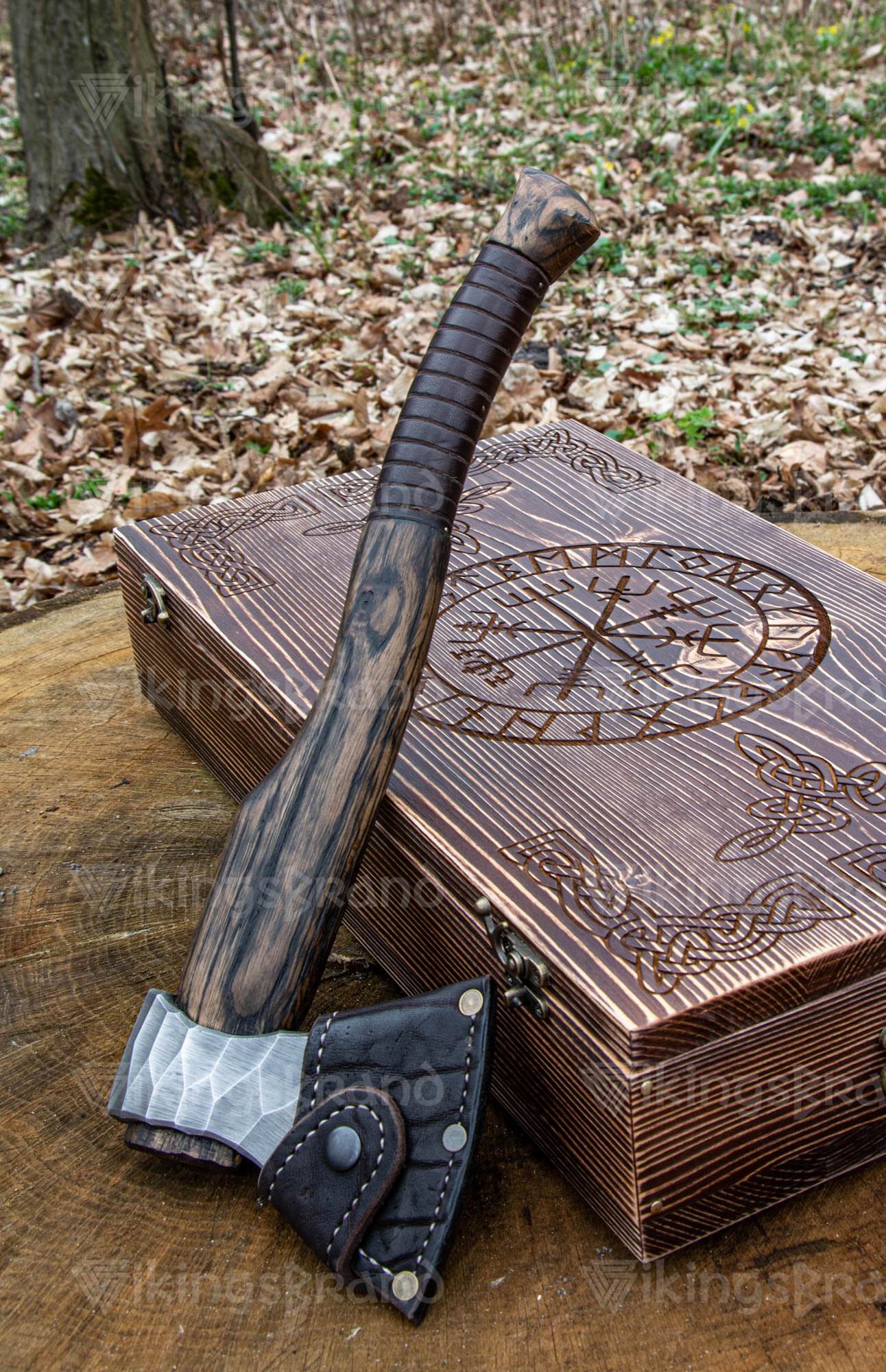 Hand Forged Hatchet “Vill Gustus” With Leather Cover And Wooden Box