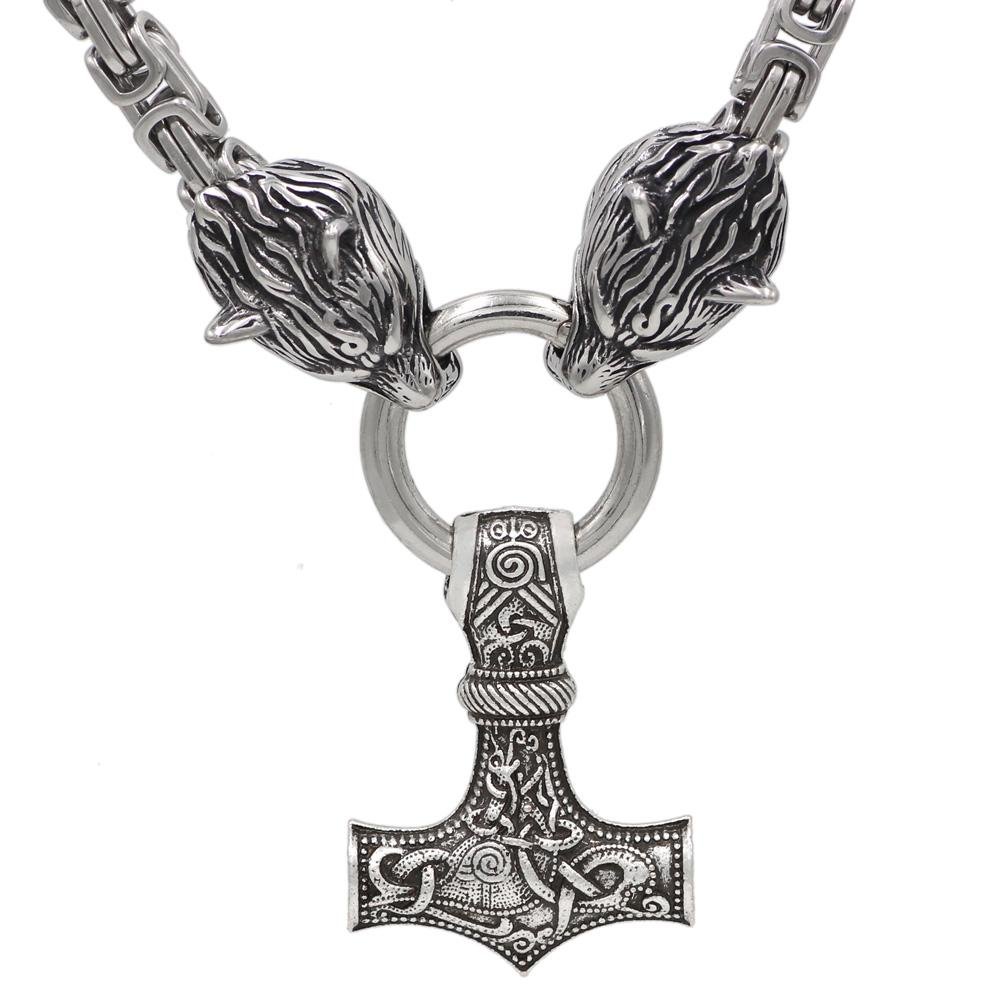 HANDMADE King's Stainless Steel Wolf Head Necklace with Huge Thor's Hammer - VikingsBrand