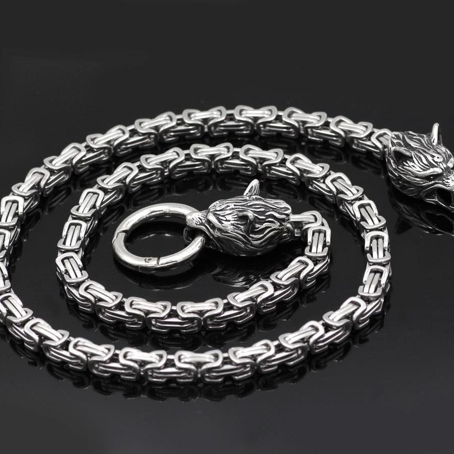 HANDMADE King's Stainless Steel Wolf Head Necklace with Huge Thor's Hammer - VikingsBrand