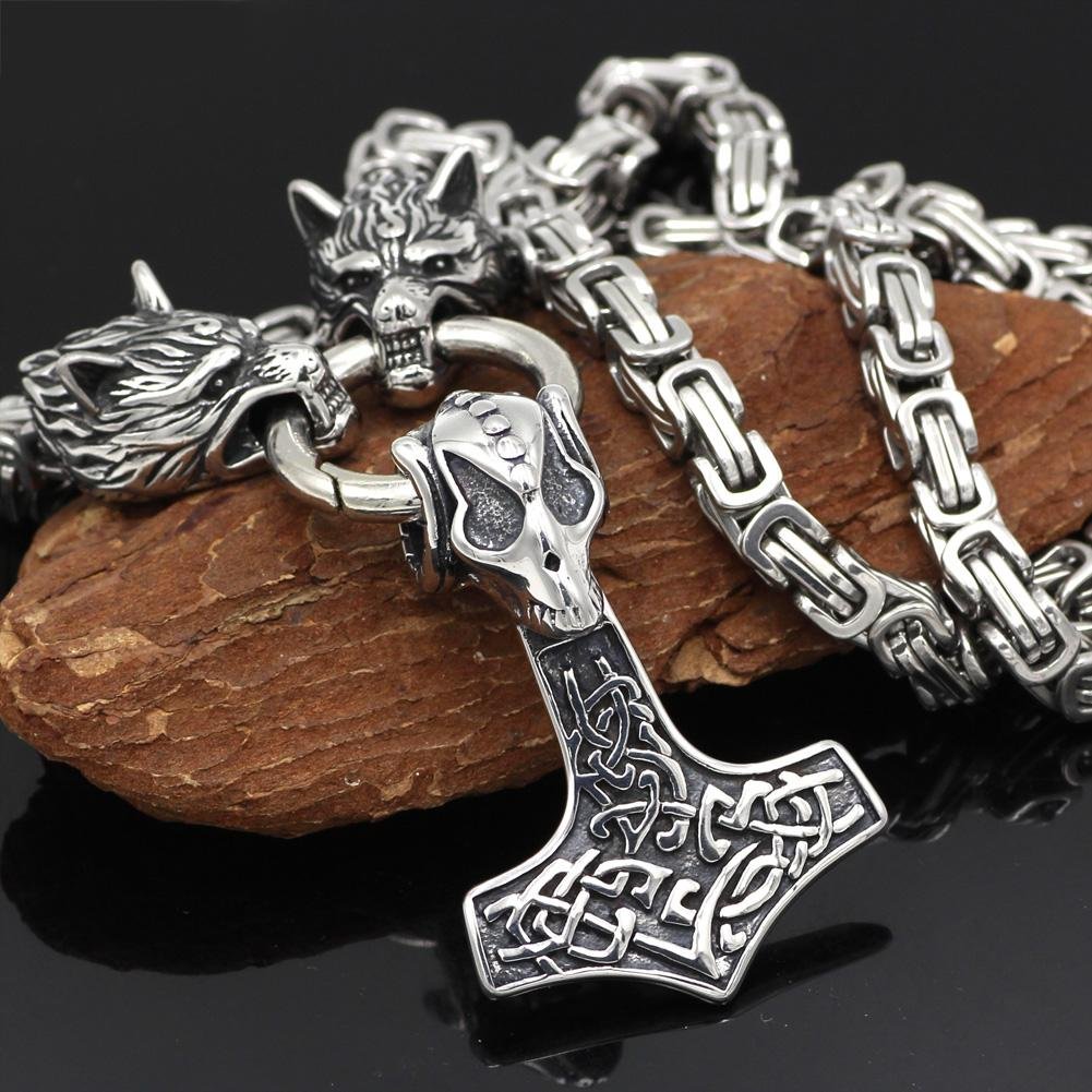HANDMADE King's Stainless Steel Wolf Head Necklace with Skull Thor's Hammer - VikingsBrand