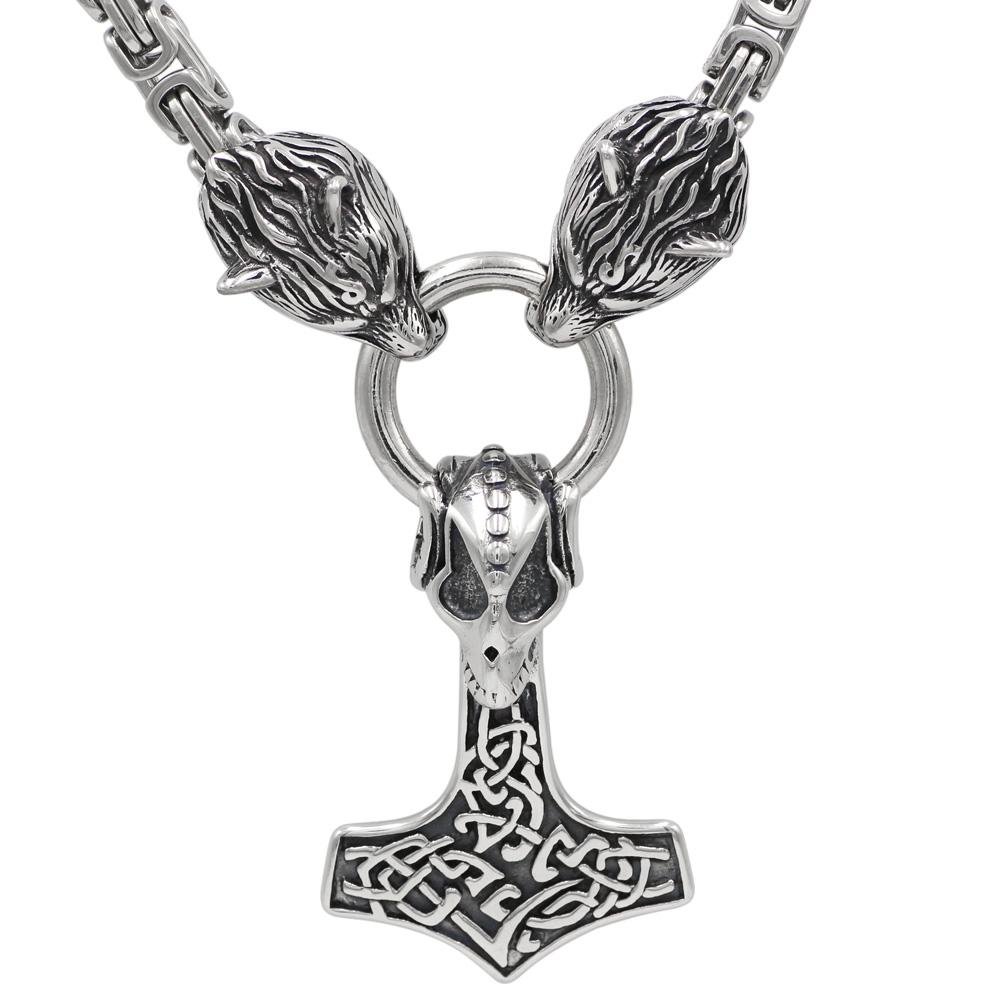 HANDMADE King's Stainless Steel Wolf Head Necklace with Skull Thor's Hammer - VikingsBrand