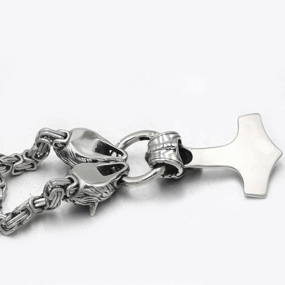 HANDMADE King's Stainless Steel Wolf Head Necklace with Skull Thor's Hammer - VikingsBrand